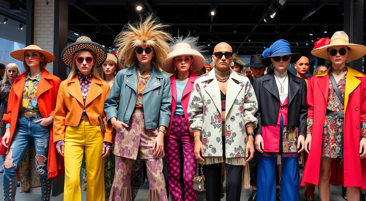 A vibrant fashion scene showcasing next season's trends, featuring a diverse array of clothing styles and textures, bright bold colors, layered outfits with unique patterns, statement accessories like oversized hats and chunky jewelry, a backdrop of a trendy urban environment with stylish mannequins, reflecting the essence of contemporary fashion innovation and cultural influences.