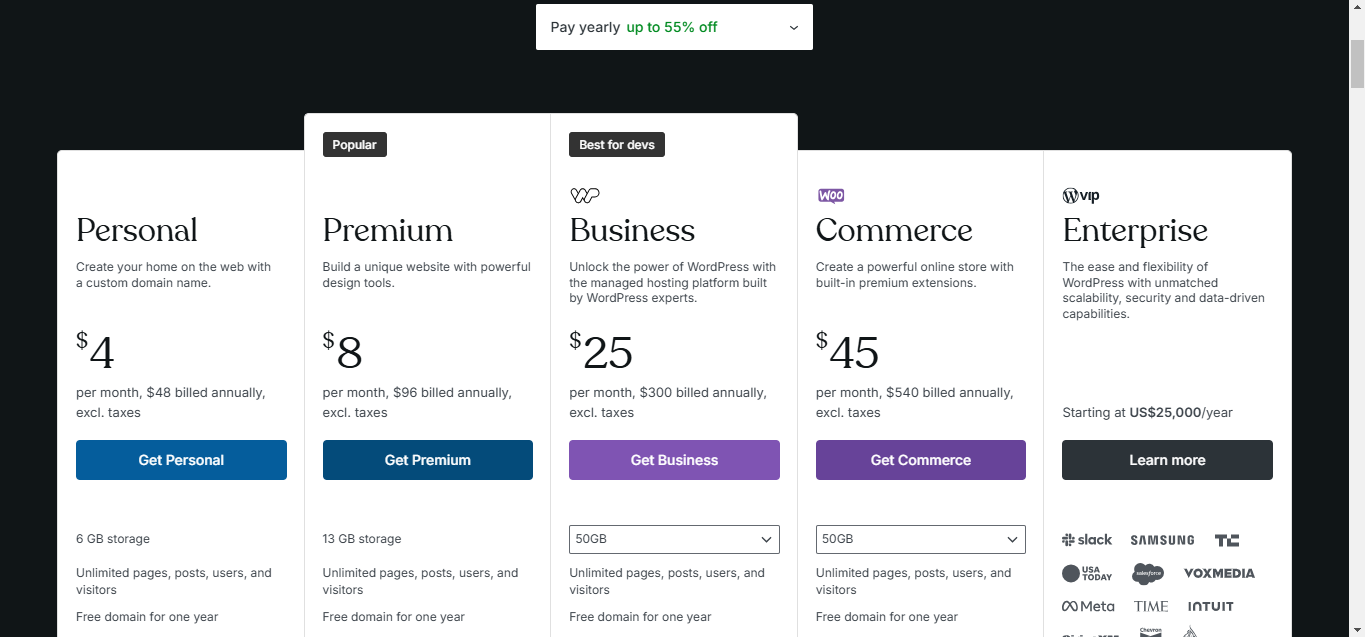 a screenshot of wordpress pricing