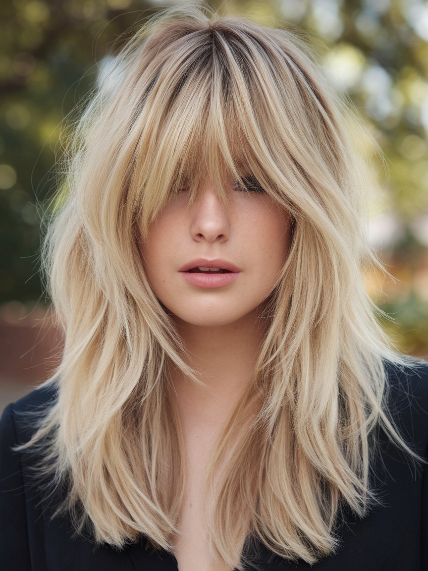 30. Blonde Layered Balayage with Bangs