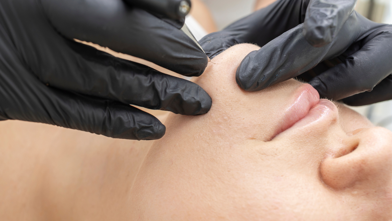 A picture of an Electrologists doing electrolysis on a client at the chin area
