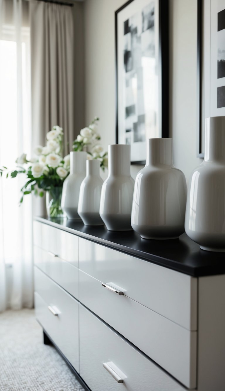 A collection of white ceramic vases arranged on a sleek, modern bedroom dresser