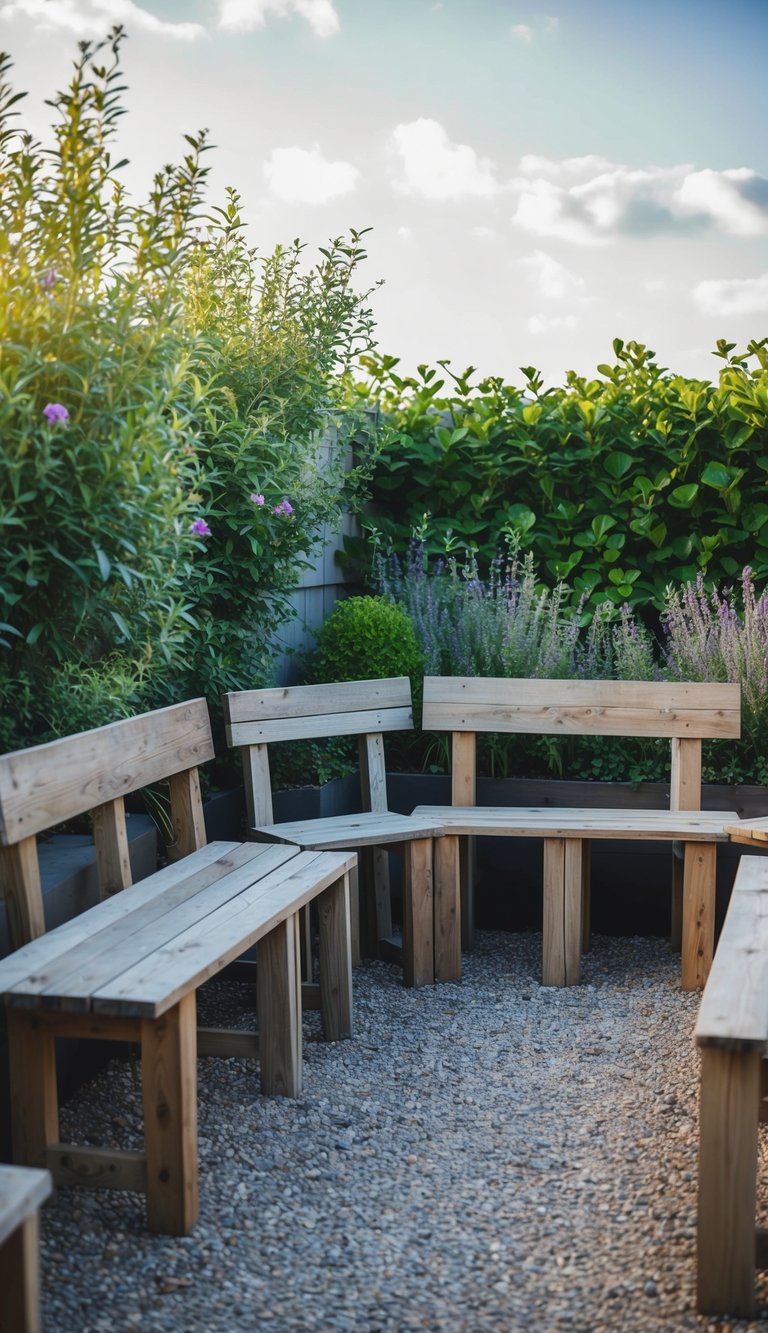 A peaceful garden corner with 31 reclaimed wood benches arranged in a natural and rustic setting