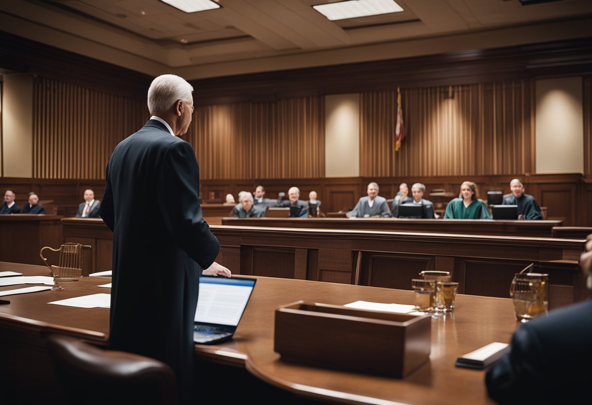 A courtroom with a lawyer presenting a defense strategy, a judge presiding, and a legal document showing the legal limit for alcohol in Arizona