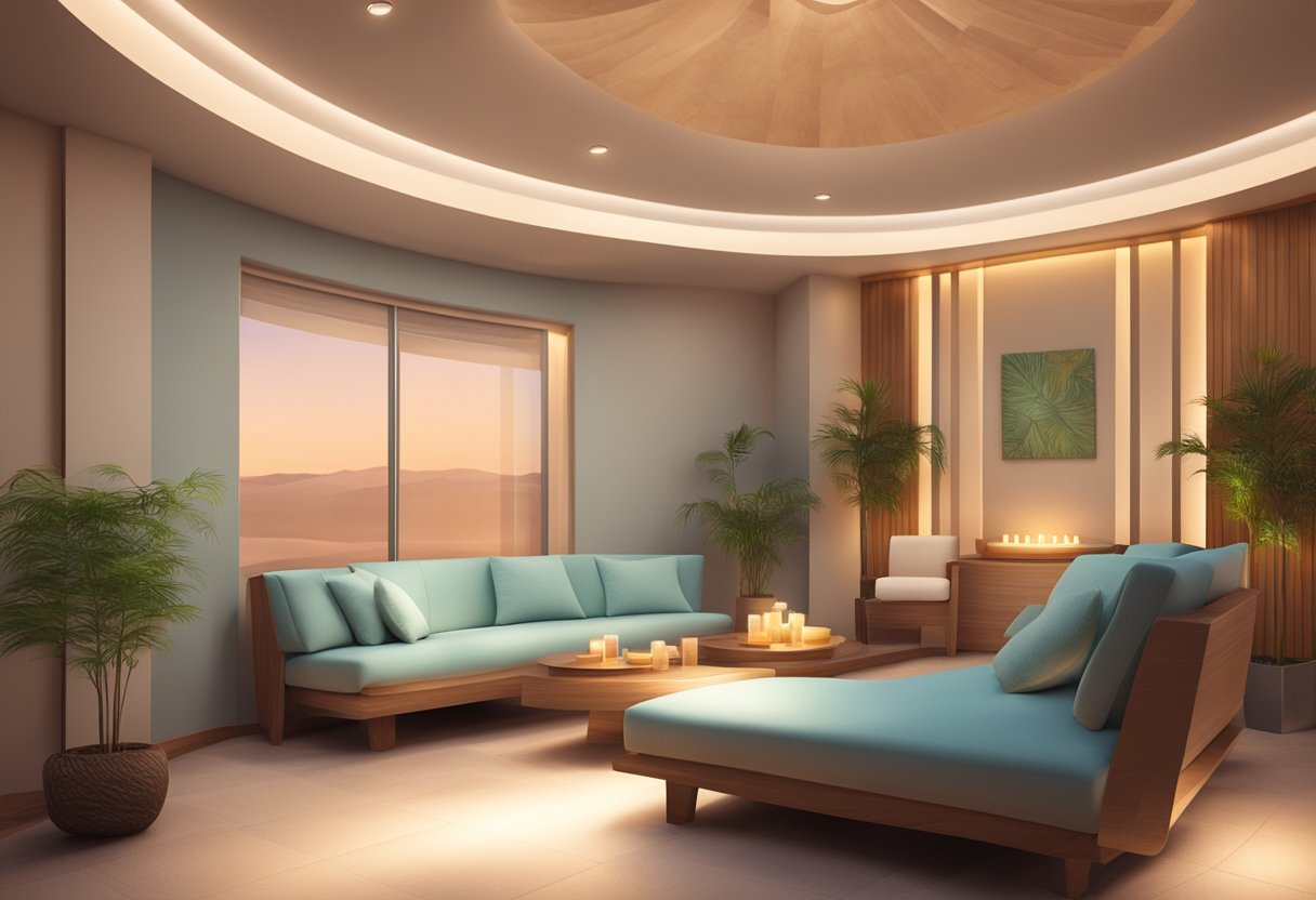 A tranquil spa room with soft lighting, essential oil diffusers, and comfortable seating, creating a relaxing atmosphere for aromatherapy treatments