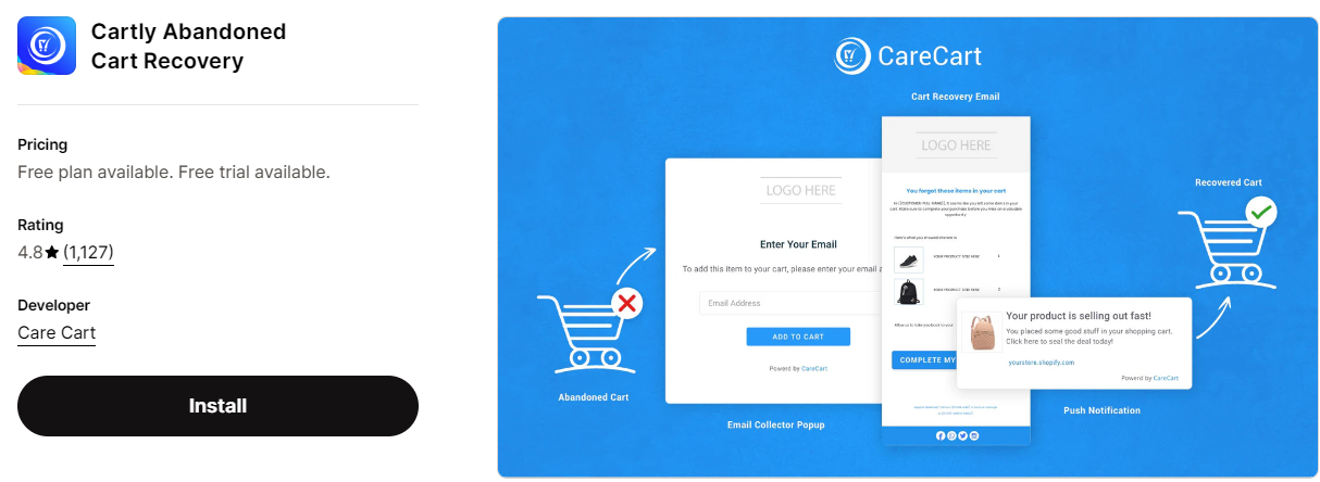 Cartly abandoned cart recovery, a good app for cart recovery on Shopify.