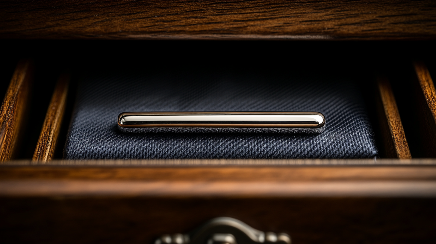 A sleek silver tie bar carefully placed inside an open wooden wardrobe. The polished metal catches soft light, highlighting its clean, minimalist design. The background is dark wood, adding a rich and refined contrast.