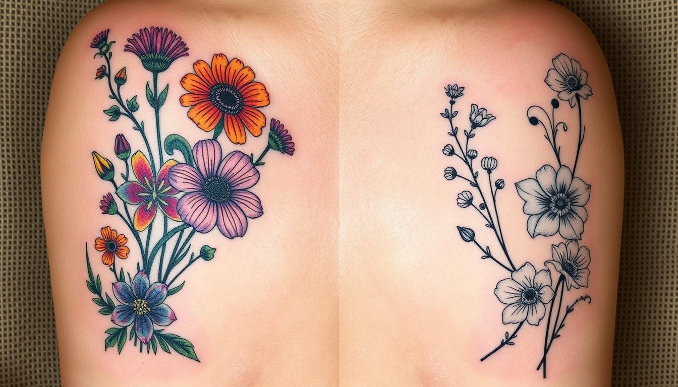 Colorful vs Black and Grey Wildflower Tattoos