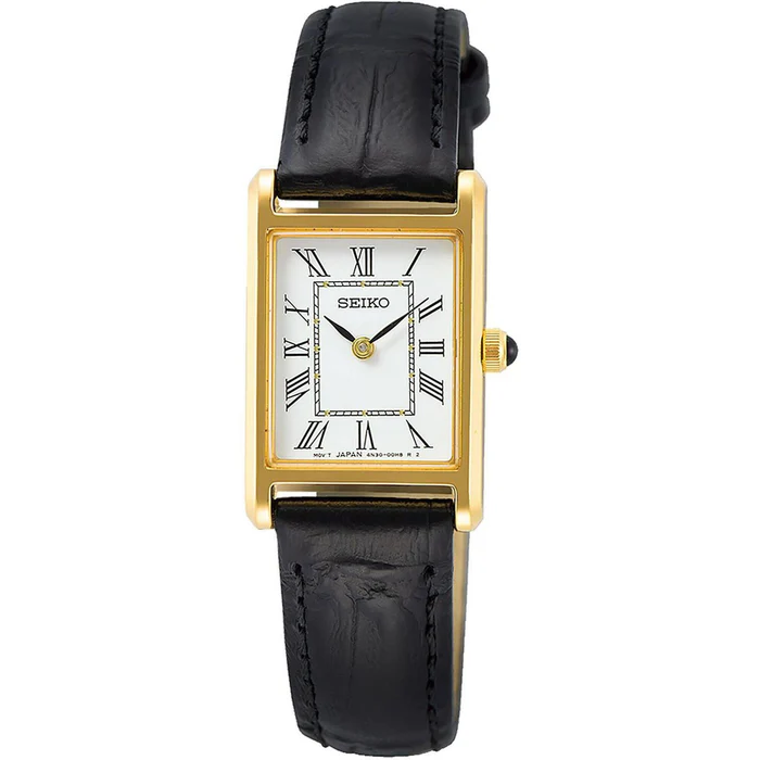 Seiko Women's Watch - Essentials Yellow Gold Case Black Leather Strap