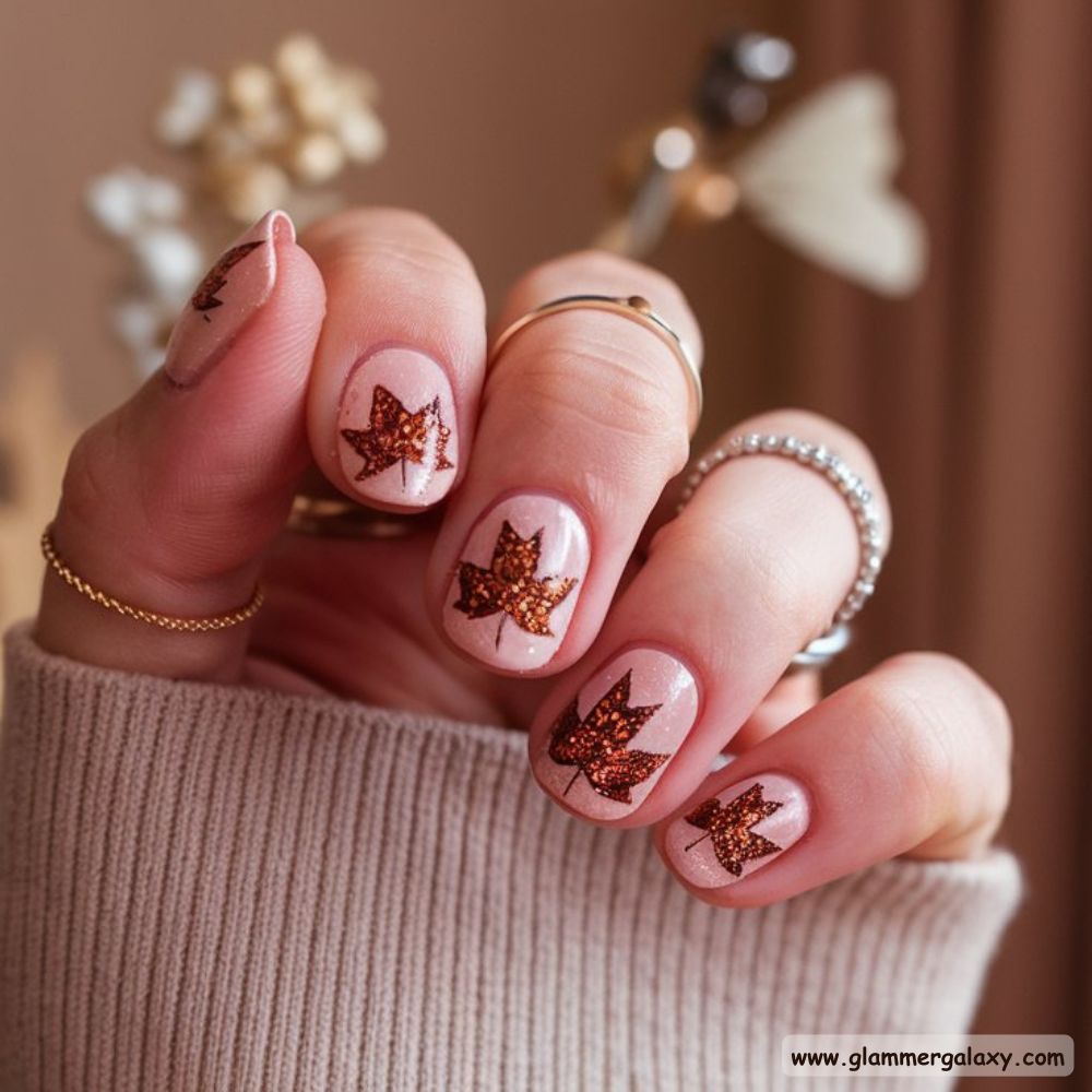 Thanksgiving Nail Designs having Glittery Maple Leaf Nail Design
