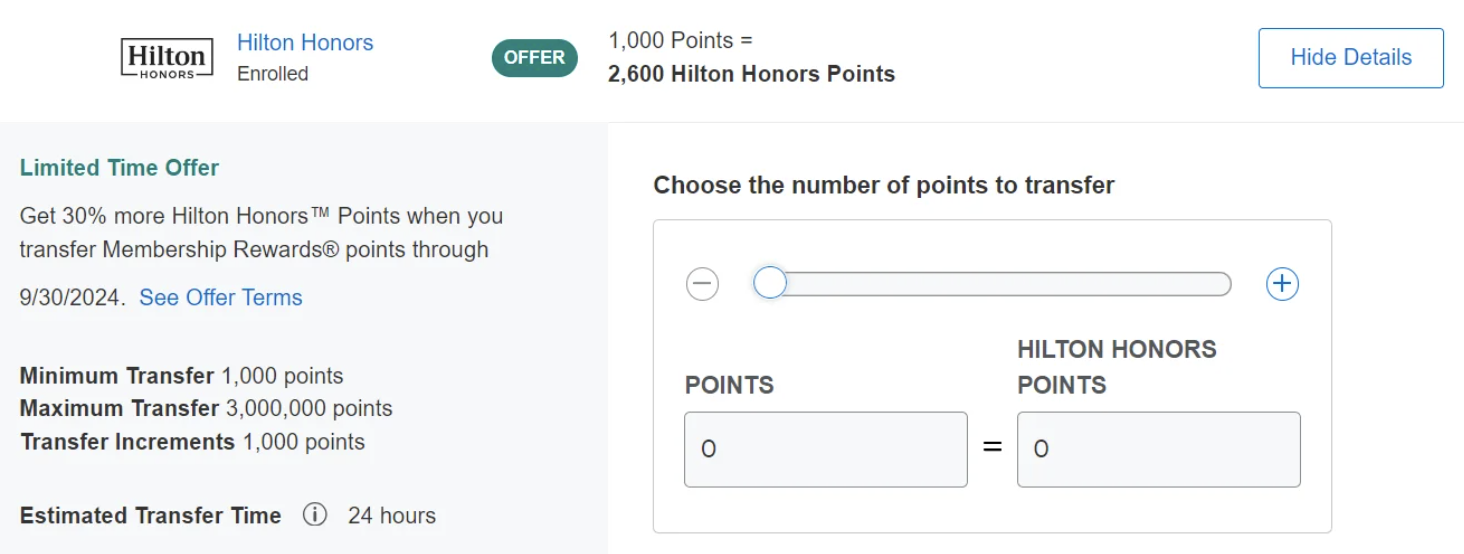 example of converting AMEX points to Hilton points with a 30% bonus