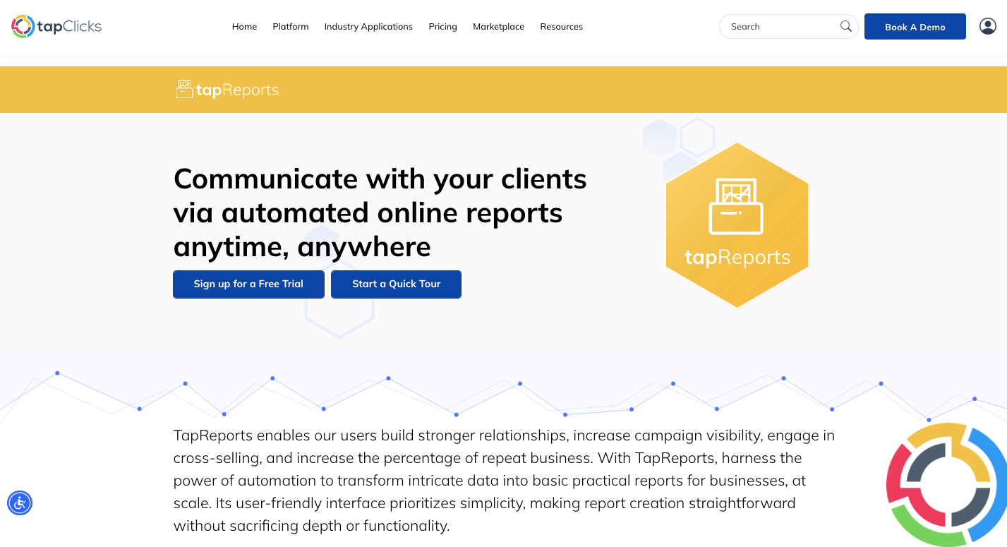 TapReports interface enabling automated client reporting with live dashboards and data exports for marketing campaigns and performance metrics.
