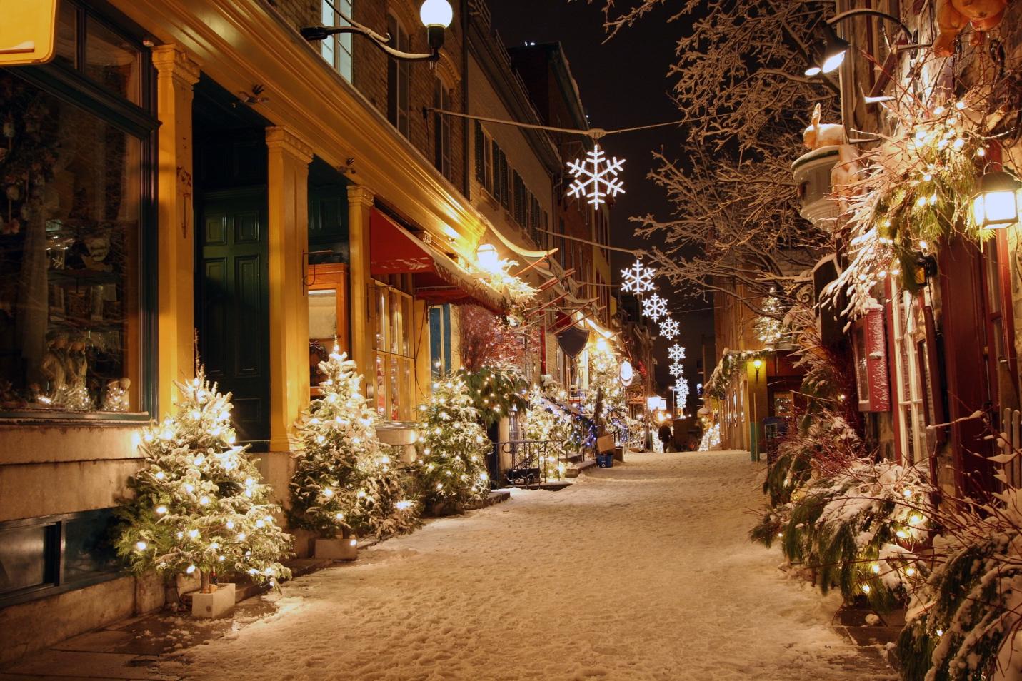 A snowy street with christmas trees and snowflakes

Description automatically generated