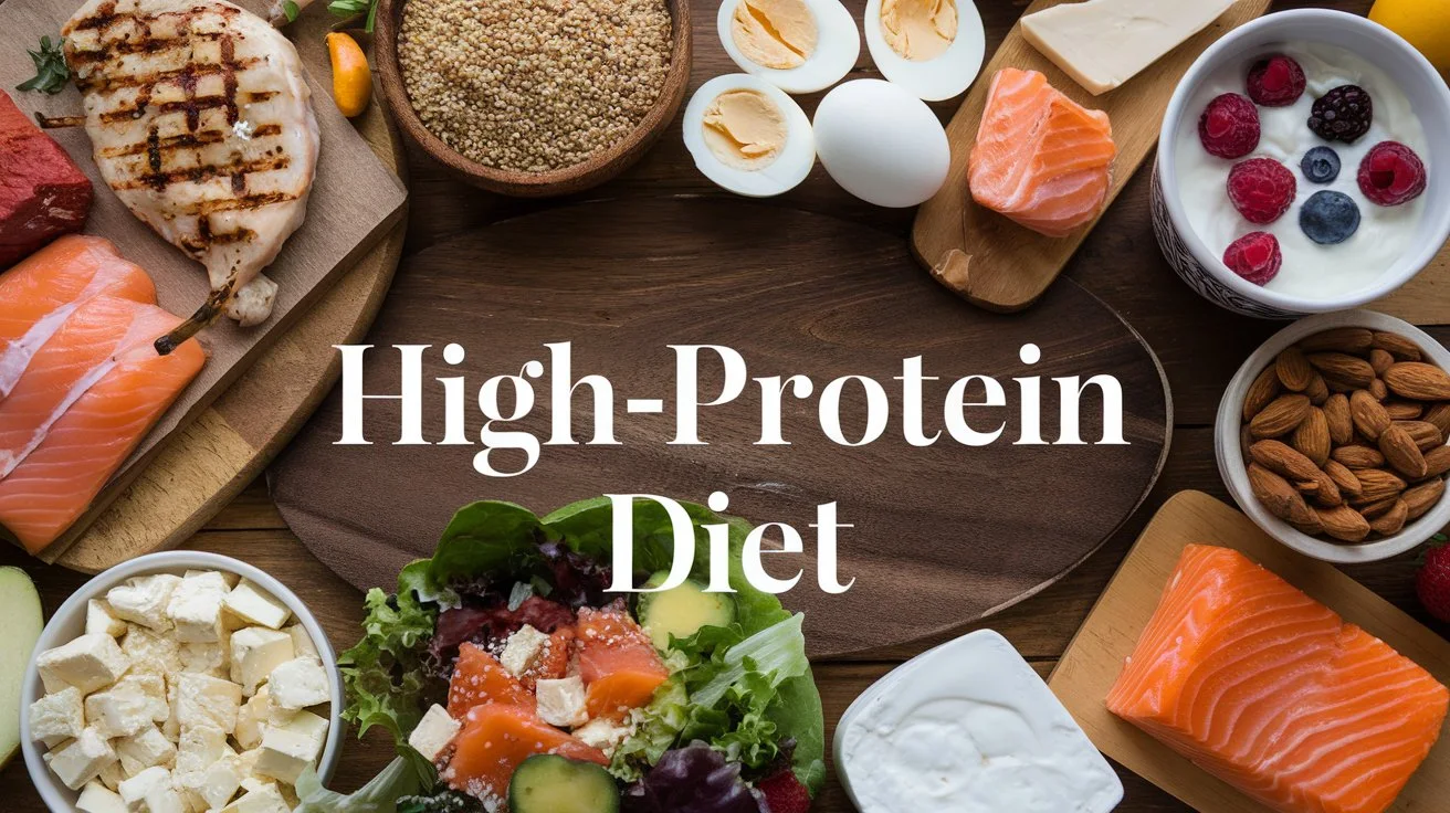 An assortment of high-protein foods like chicken, quinoa, eggs, yogurt, cottage cheese, nuts, salmon, tofu, and salad on a wooden table with the text "High-Protein Diet" overlayed.