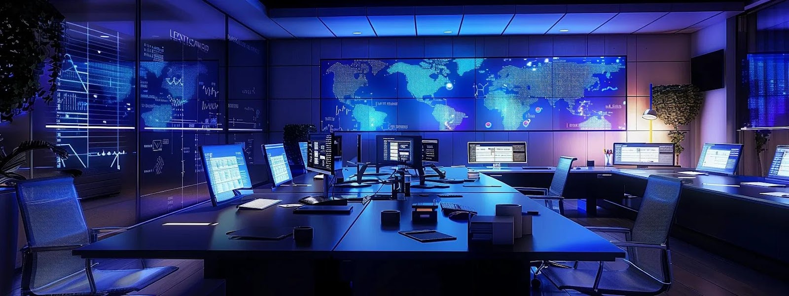 a modern office setting features a sleek conference table strewn with digital devices displaying analytics screens, showcasing vibrant keyword clusters and semantic maps, illuminating the concept of latent semantic analysis in a high-tech, collaborative environment.