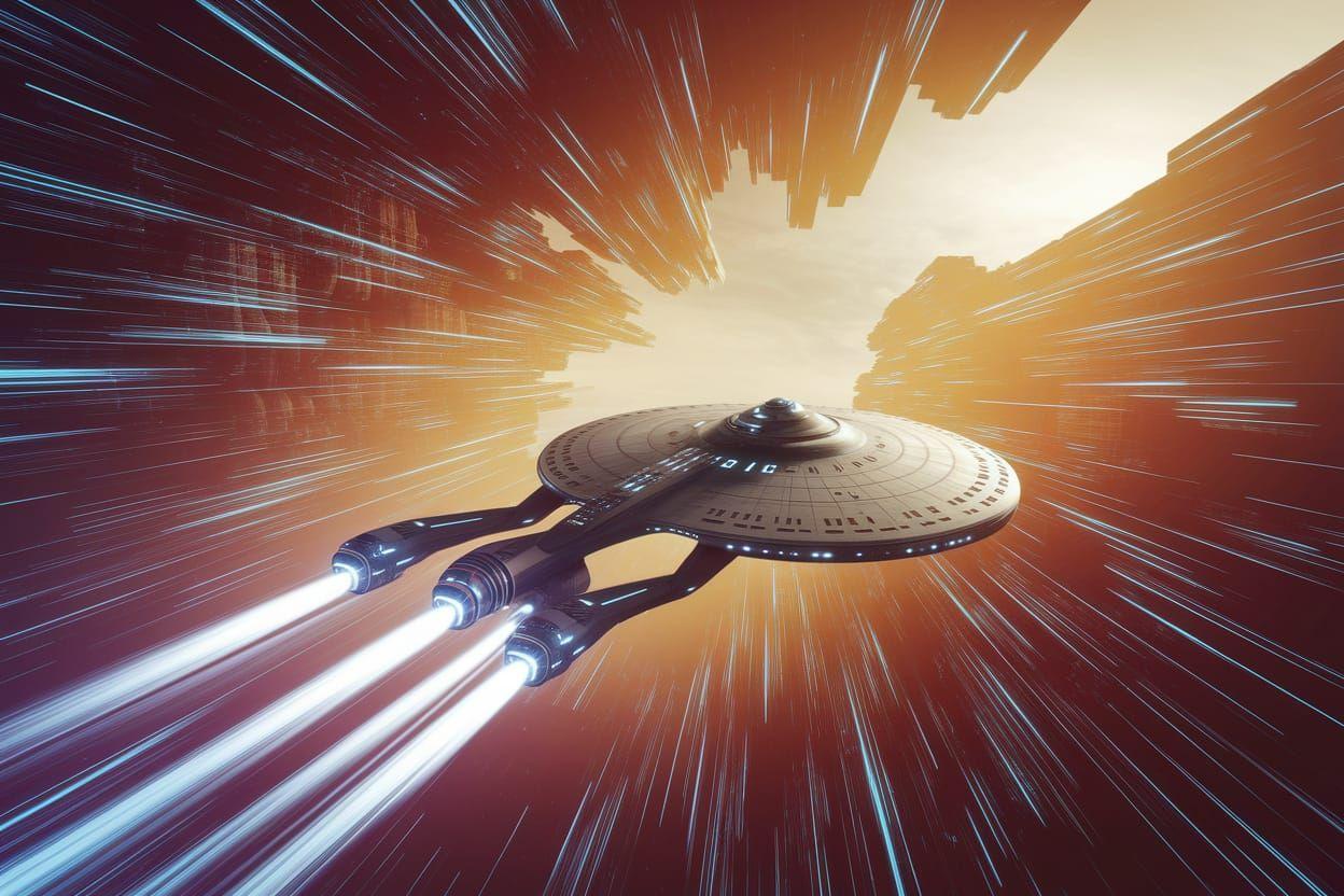 the starship enterprise accelerates at light speed over a futuristic landscape of data bases and towering data structure...
