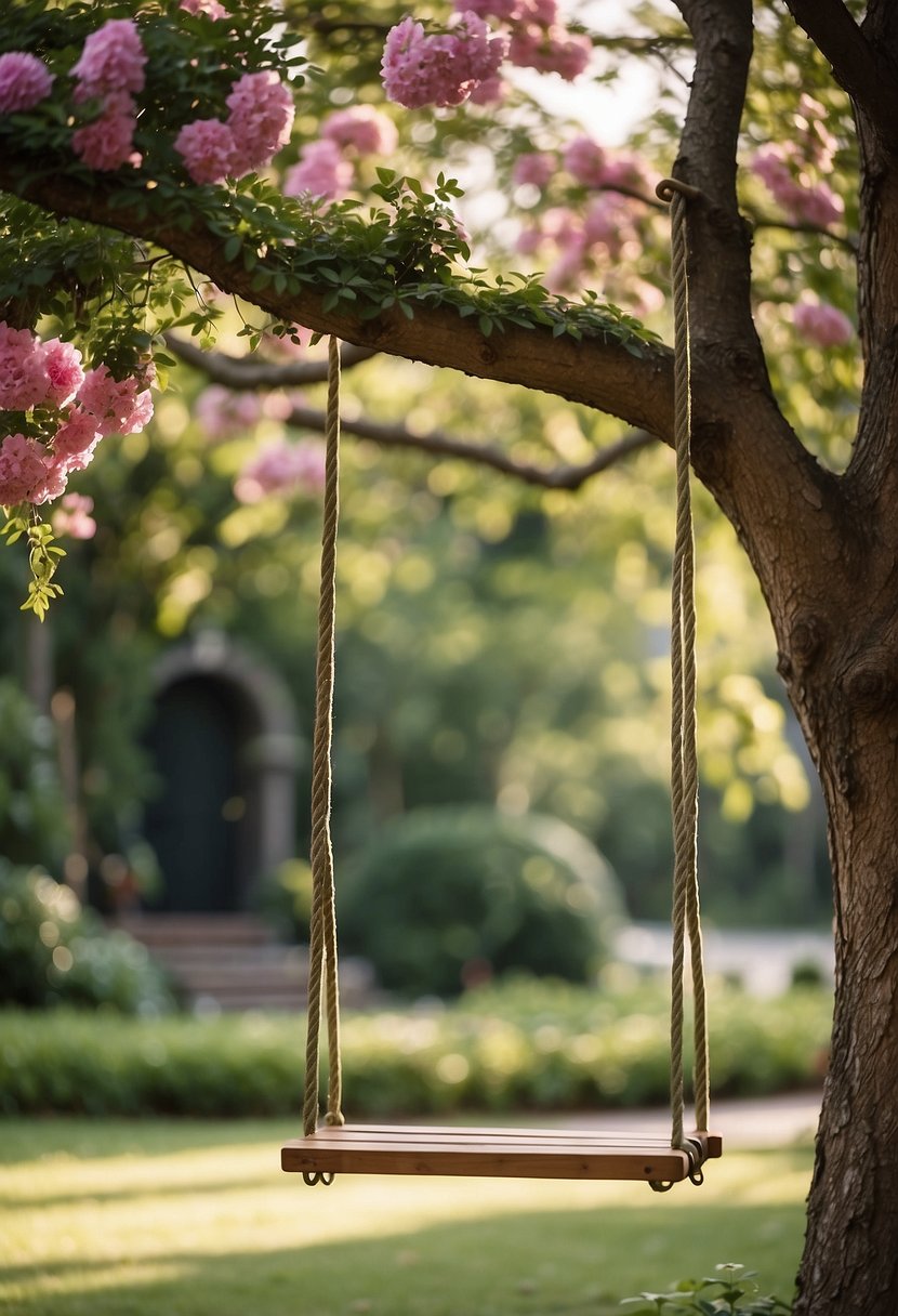 A tree swing hangs from a sturdy branch in front of a charming house, surrounded by lush greenery and colorful flowers