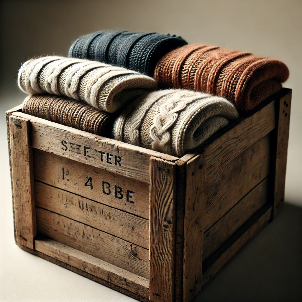 Wooden crates repurposed as DIY sweater storage shelves