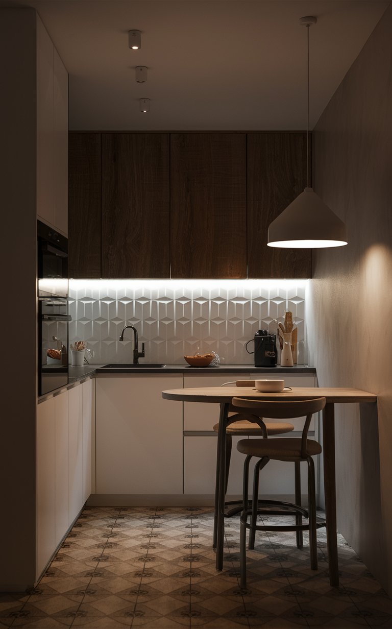  Textured backsplashes can create a subtle yet sophisticated effect in a small kitchen. Opt for neutral colors to maintain a clean, modern look while still introducing a tactile element.