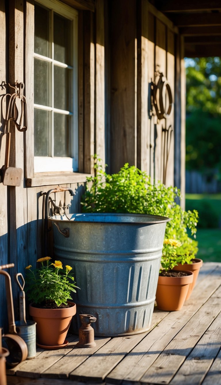 A galvanized wash tub sits on a wooden porch, surrounded by potted plants and vintage farm tools. The sun casts dappled shadows on the weathered barnhouse exterior