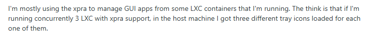 Screenshot of a user's experience with Xpra and LXC containers, specifically an issue with multiple tray icons