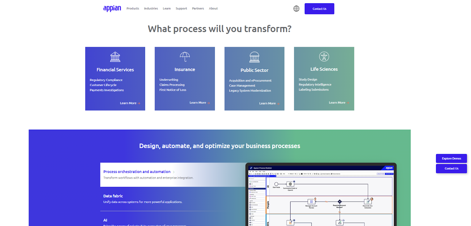 Appian’s home page listing out its key capabilities