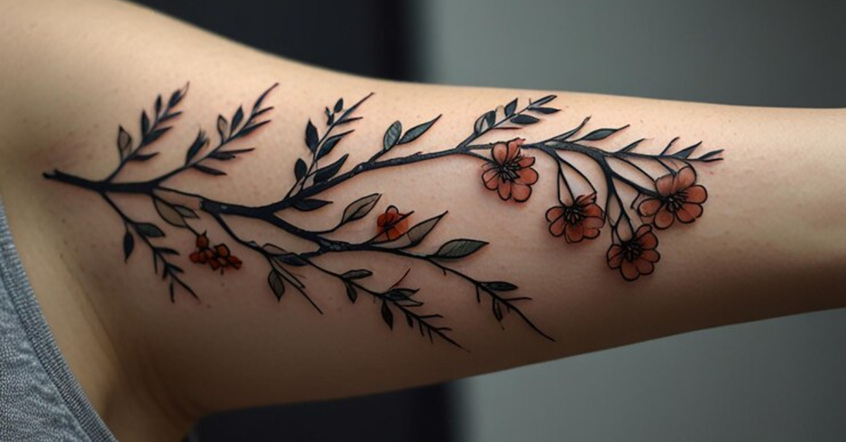 A detailed tattoo of a tree adorned with flowers on an arm, showcasing popular vine tattoo styles in body art.