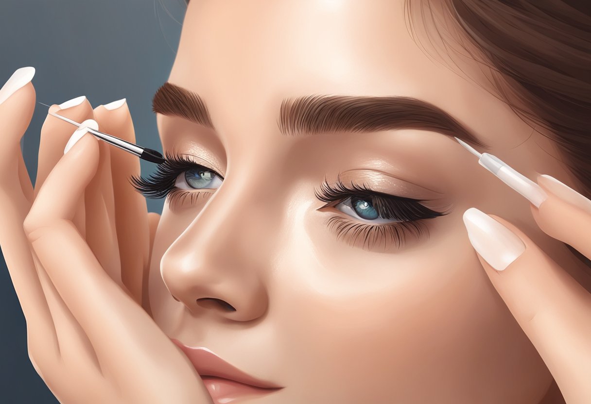 A woman carefully removes her eyelash extensions using a gentle oil-based remover in a well-lit room in Hackensack