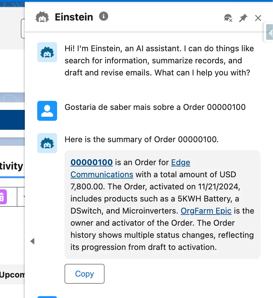 Imagem da plataforma Einstein apresentando informações detalhadas sobre pedidos, demonstrando como a ferramenta melhora a experiência do cliente ao fornecer insights relevantes e suporte personalizado.