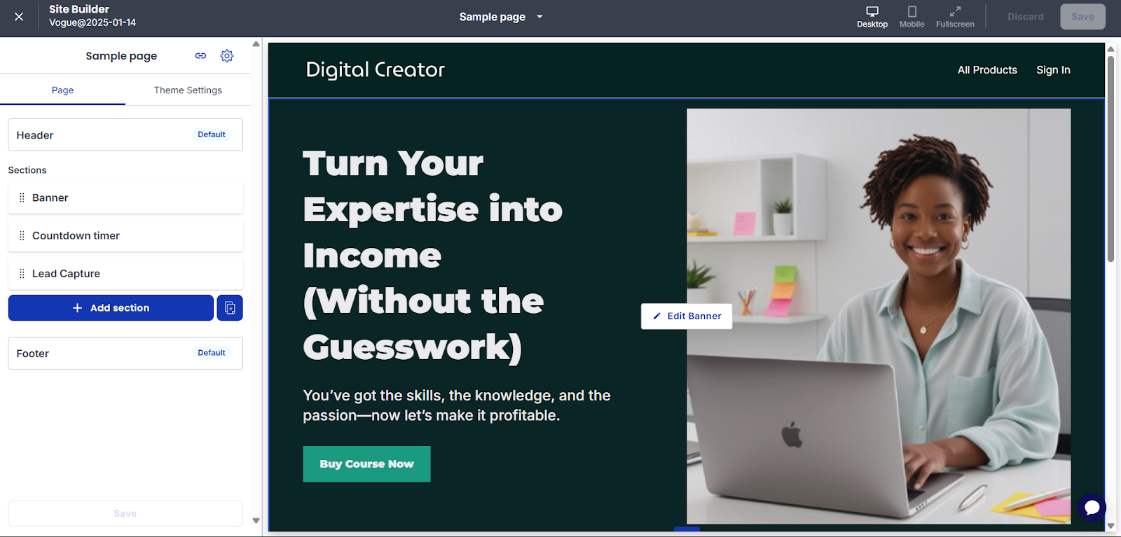 customized sections in Thinkific website builder