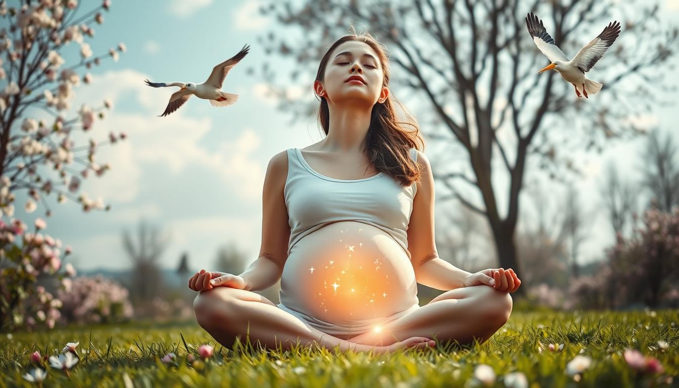 An image of a woman sitting cross-legged on the grass with her eyes closed, surrounded by blooming flowers and trees. A faint glow surrounds her womb area and small sparkles can be seen floating around it. In the background, an image of a stork carrying a bundle of joy can be seen flying in the sky.