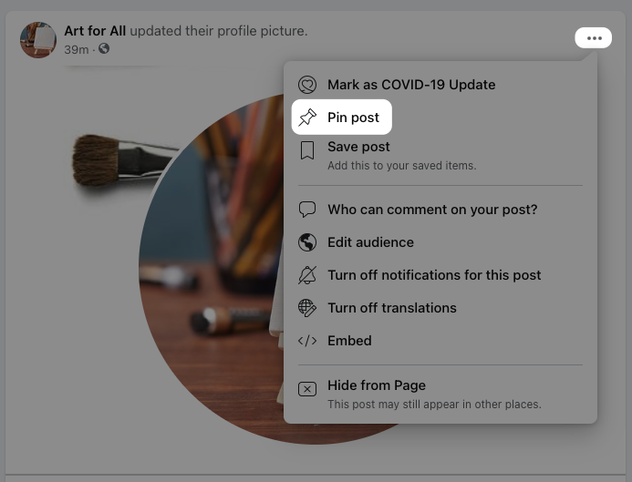 Screenshot of 3 dot menu option, allowing user to pin posts for Facebook business Page