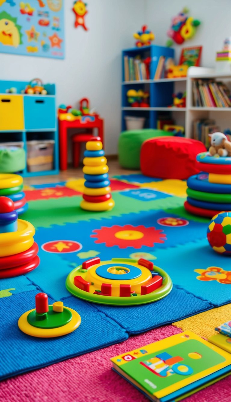 A colorful interactive play mat surrounded by toys and books in a vibrant kids' bedroom