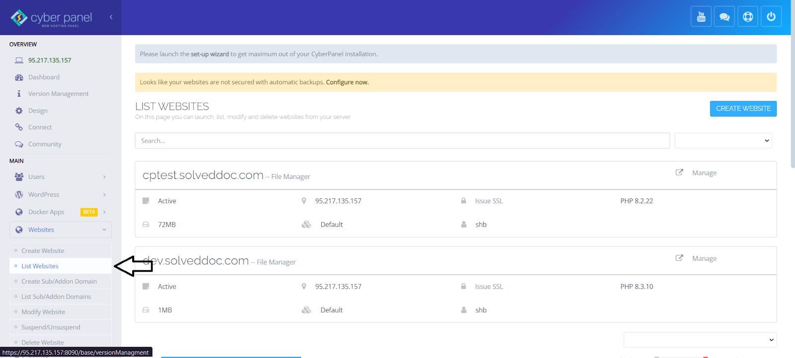 CyberPanel List Websites Page