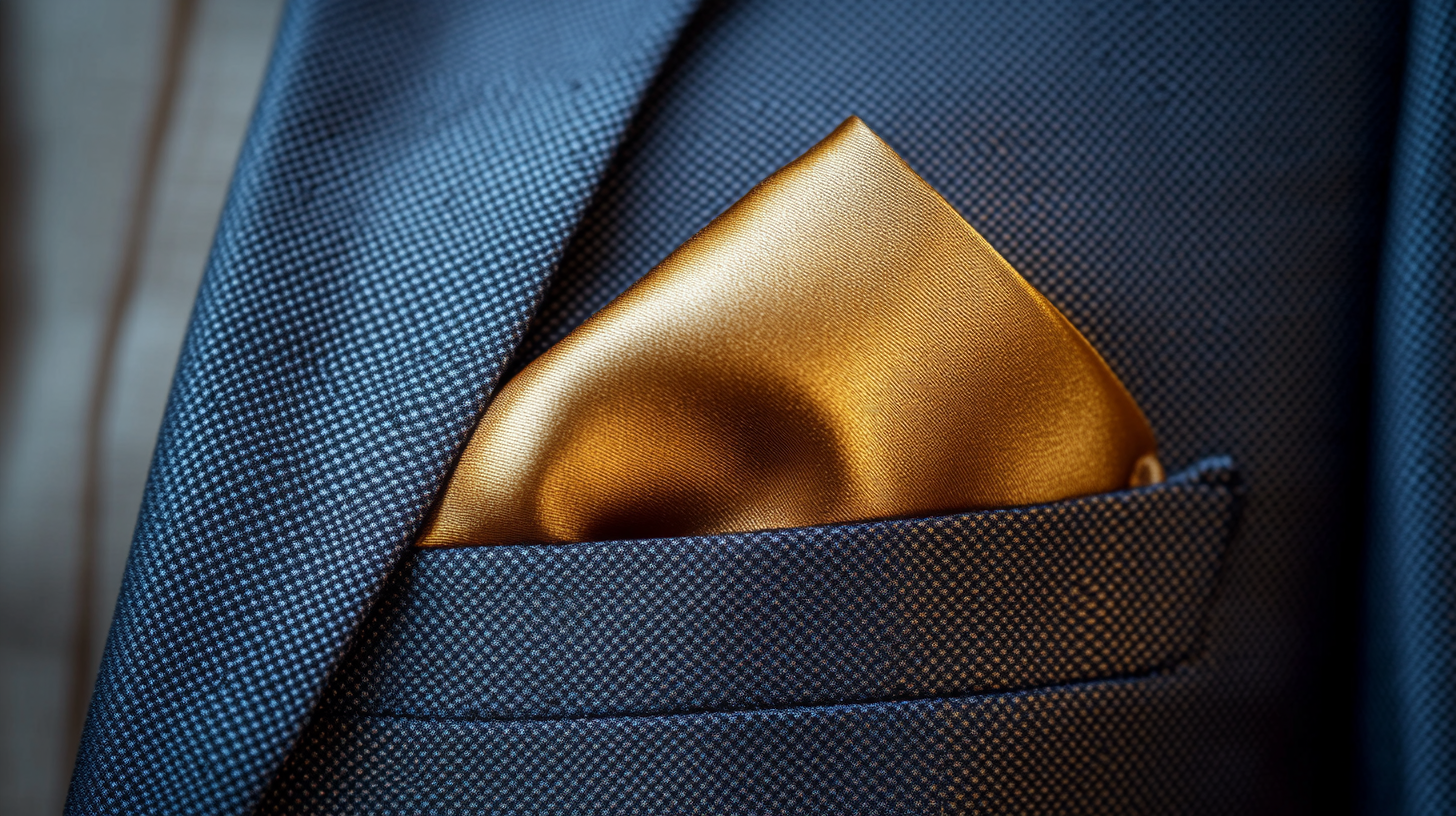 A pocket square made of smooth, shiny silk fabric, elegantly folded and placed in the pocket of a formal suit. The silk has a rich, glossy texture, reflecting light softly. The background is simple and sophisticated, highlighting the luxurious look and feel of the silk fabric, perfect for a formal occasion