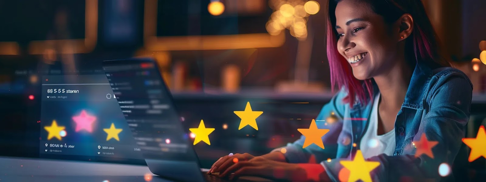 a joyful customer smiling and leaving a glowing google review on a laptop screen, surrounded by colorful 