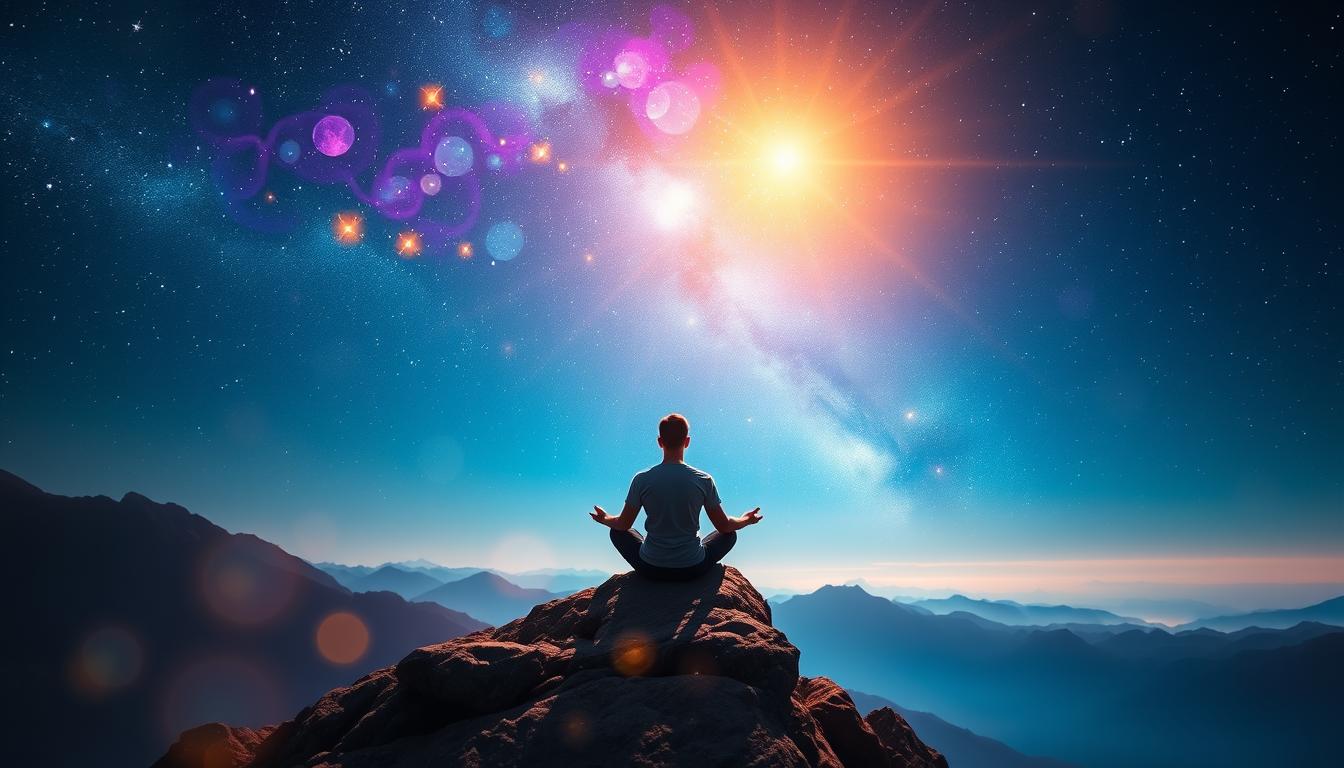 A serene landscape depicting a person meditating on a mountaintop under a starry sky, surrounded by ethereal light orbs representing positive energy, with vibrant colors of blue, purple, and gold illuminating the scene, illustrating the concept of visualization and manifestation in the Law of Attraction.