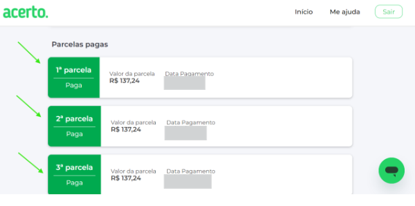 Print mostrando como as parcelas aparecem no portal da Acerto.