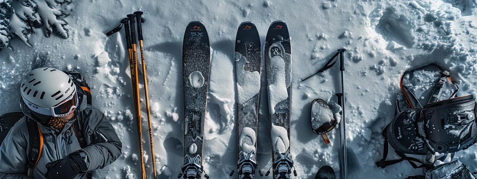 a sleek pair of women's all-mountain skis surrounded by matching bindings, well-fitting boots, and stylish ski poles, complete with safety gear like helmets and goggles, set against a backdrop of snowy slopes.