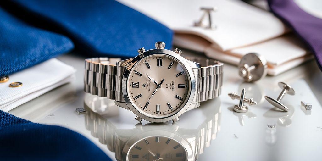 Elegant watch with accessories on a polished surface.