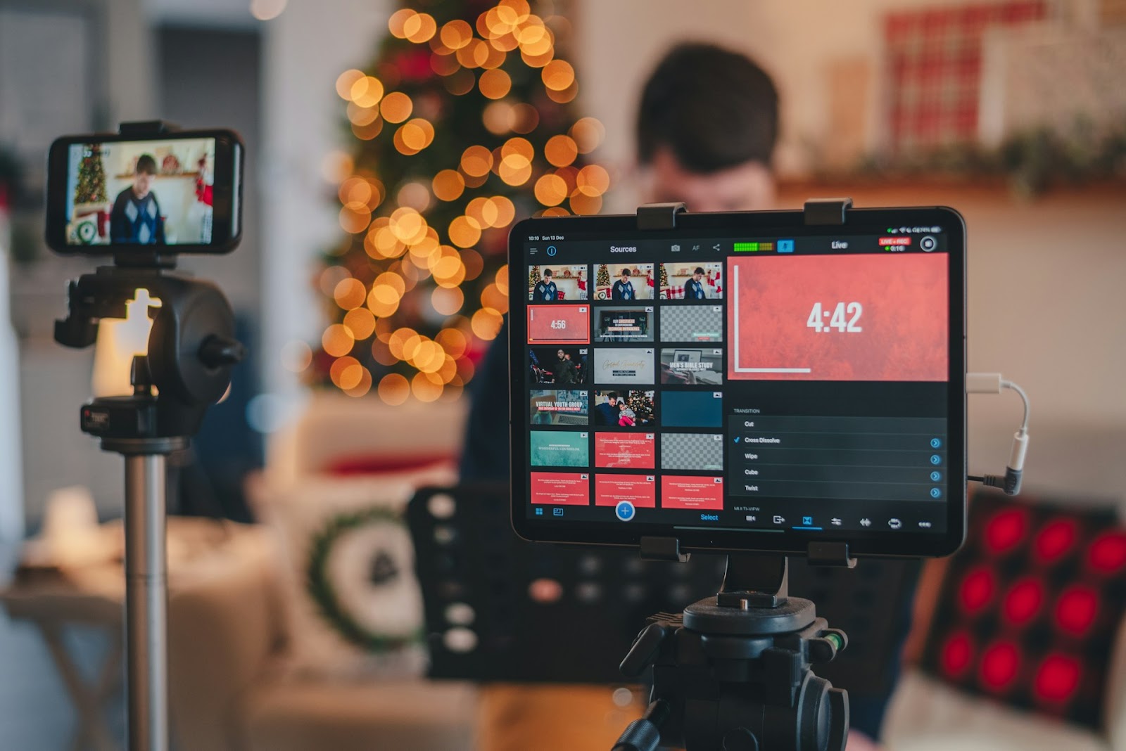 A festive video production setup showcasing holiday-themed filming for Christmas celebrations and events.