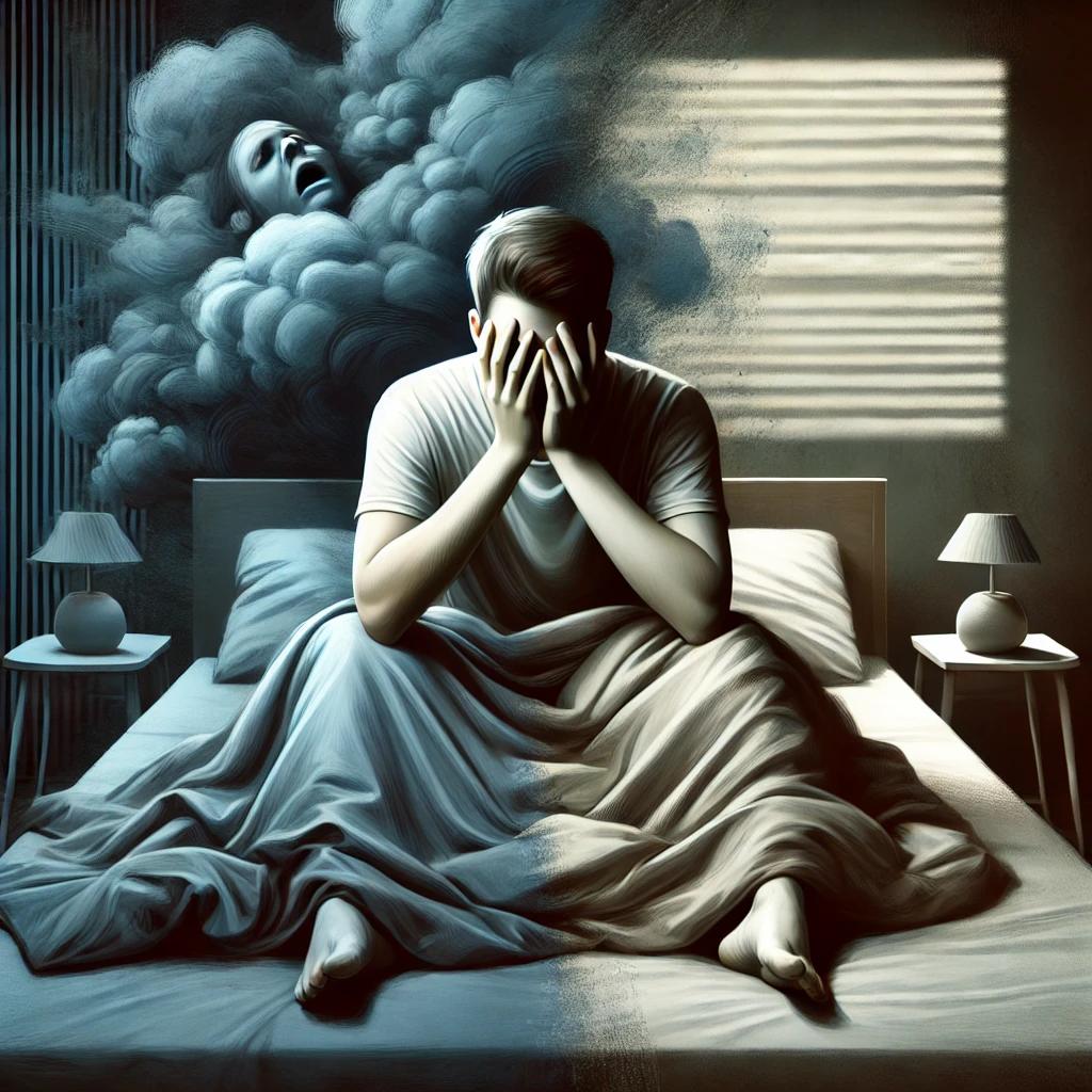 An illustration of a person sitting up in bed with hands covering their face, unable to sleep due to distressing nightmares