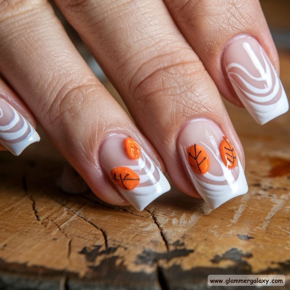 White Fall Nails having Swirled French Tips
