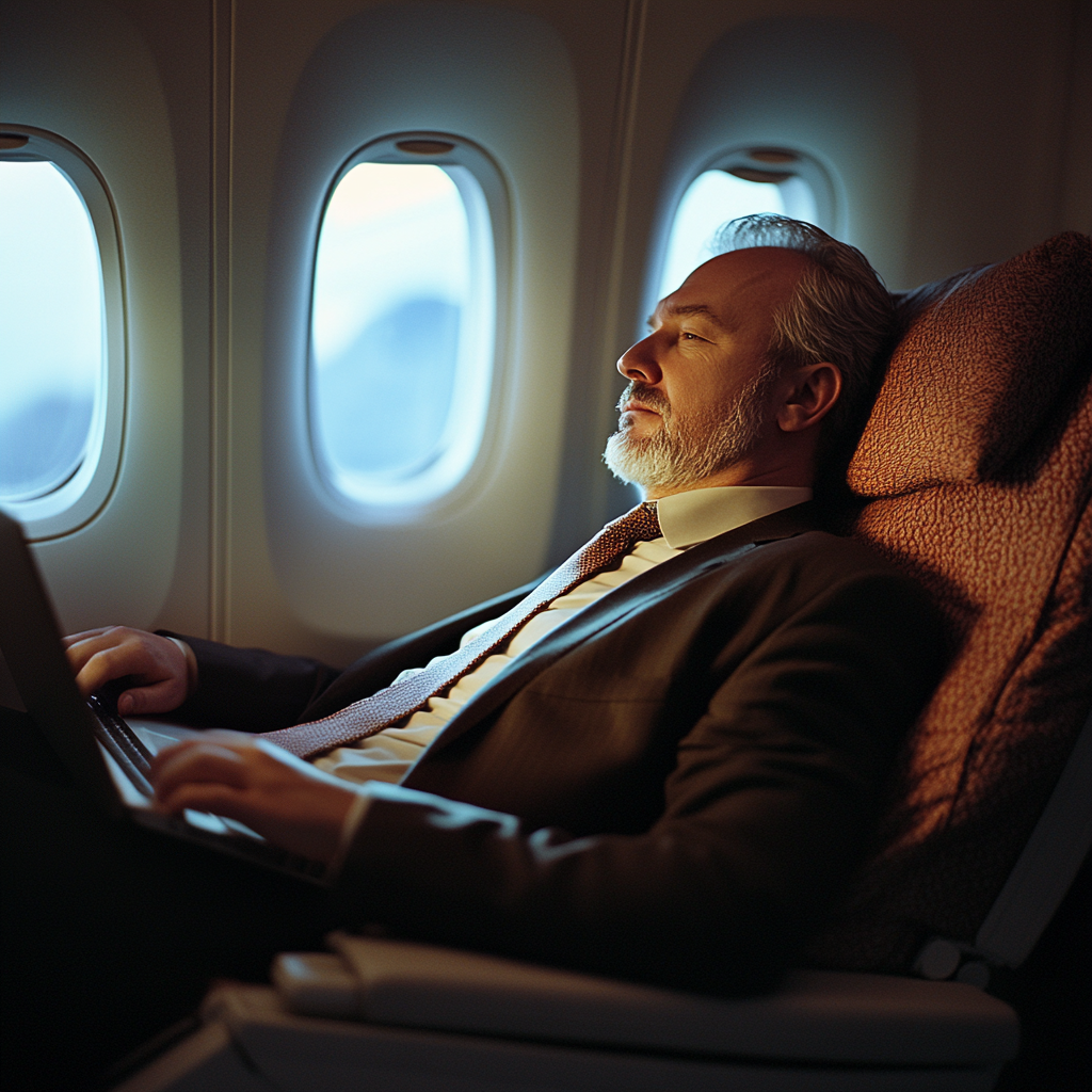 A businessman leaning his airplane seat too much | Source: Midjourney