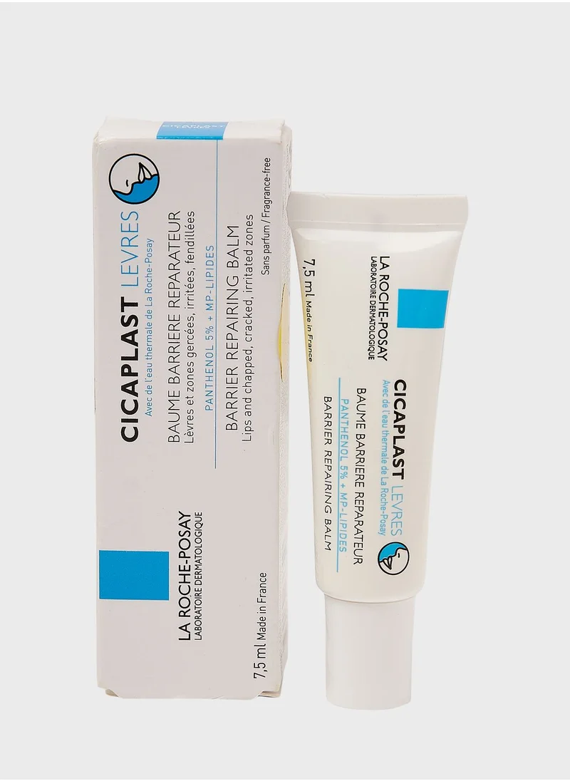Tube and box of La Roche-Posay Cicaplast Lèvres Barrier Repairing Balm in white and blue packaging.