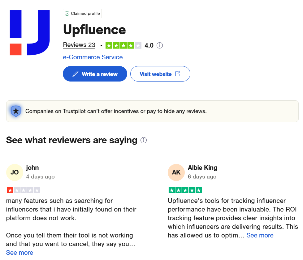 Upfluence user review