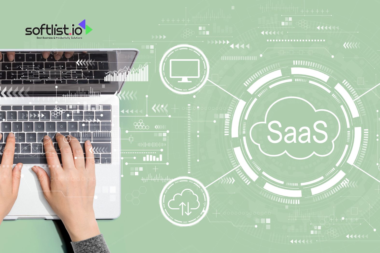 Laptop user working on SaaS with green background and tech icons
