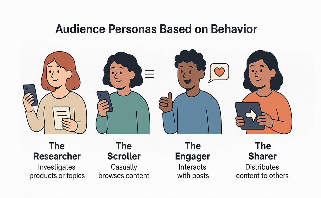 Illustration of four Facebook audience personas—The Researcher, Scroller, Engager, and Sharer—each shown with a stylized avatar and short description