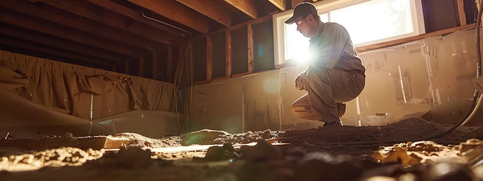 a captivating home inspection scene highlights an inspector intently examining a sturdy foundation, with vibrant sunlight streaming through a nearby window, casting clear shadows that emphasize the structural integrity and safety of the property.