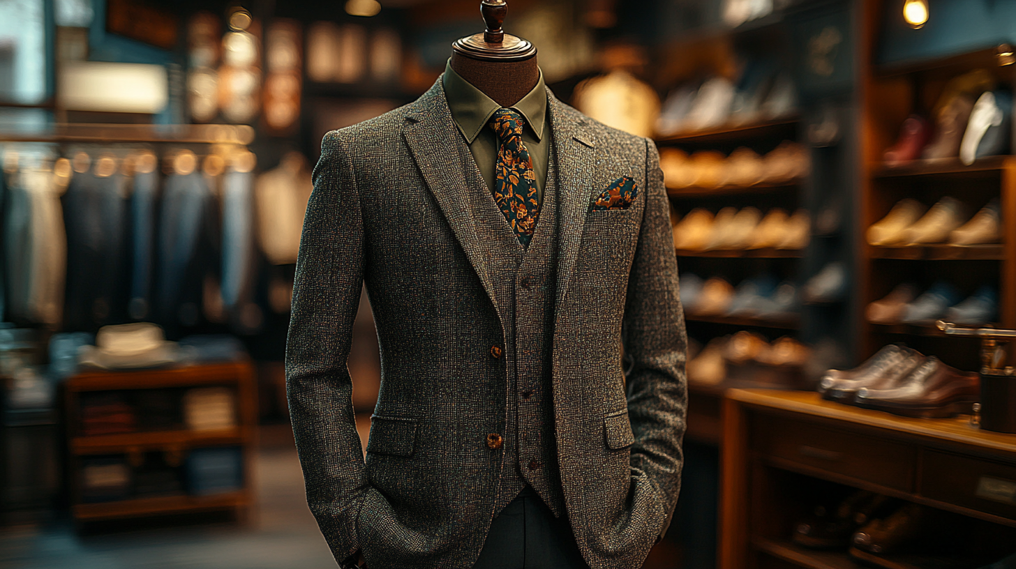 A mannequin dressed in a gray suit with a muted olive green shirt, creating a relaxed yet stylish look. The outfit is accessorized with a simple dark brown leather belt, matching dress shoes, and a subtly patterned pocket square. The background is a casual but upscale venue, with warm lighting and a comfortable ambiance.