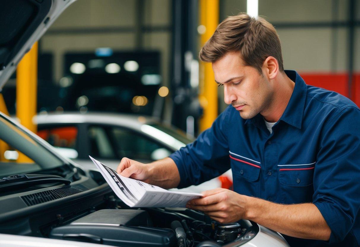 A person using a workshop manual to repair a car